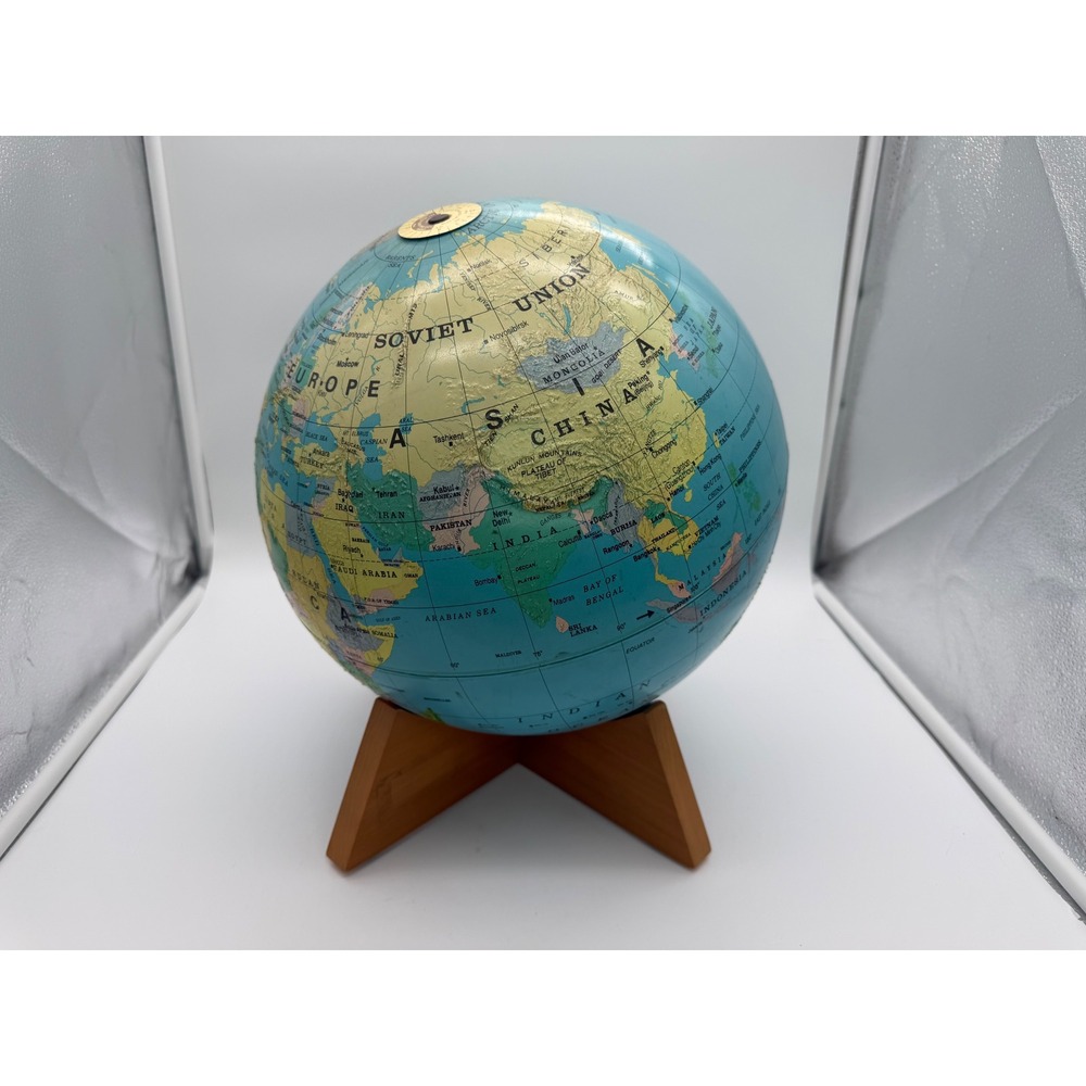 Vintage‎ Rand McNally World Globe Soviet Union Map Wooden X-Base Desktop Decor